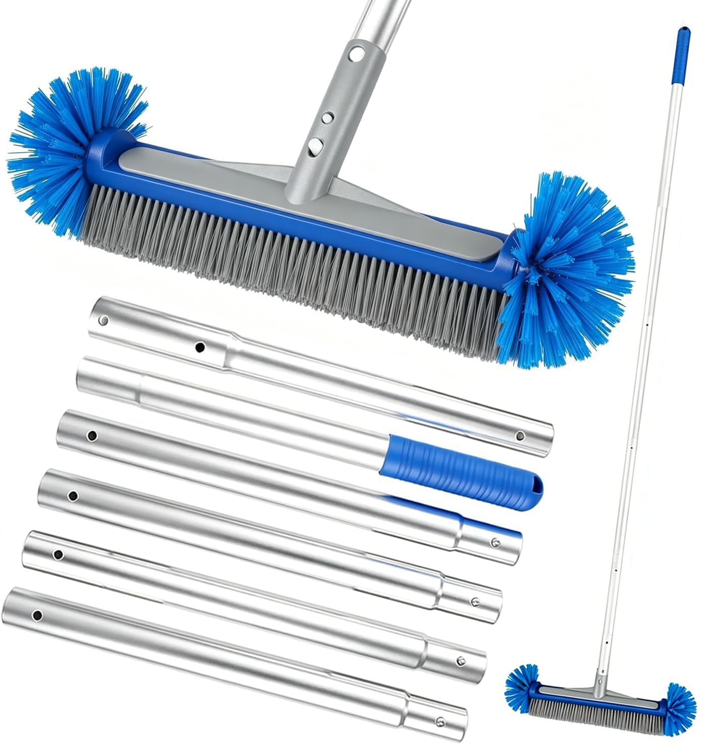 Brosse pour Piscine avec Manche Télescopique 220cm – Balai Nettoyage 43cm, Extrémités Rondes pour Protection – Kit Accessoire Réglable – Idéal Piscine Hors-Sol & Creusée