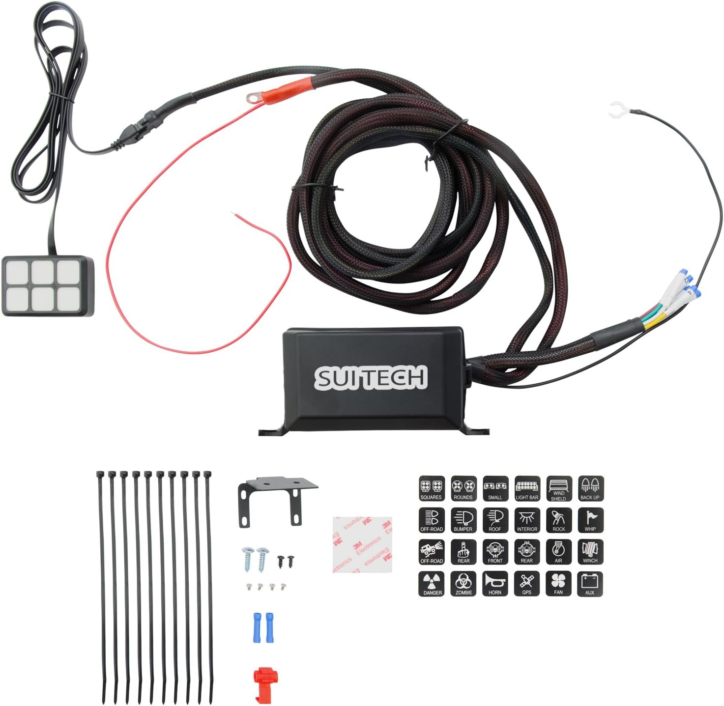 Suitech Universally Adaptable DC12V LED 6 Switch Panel Electronic Relay System with Circuit Control Box - Wiring Harness Kit for Any Vehicle - Power up to 6 Aftermarket Lights and Accessories - 600W