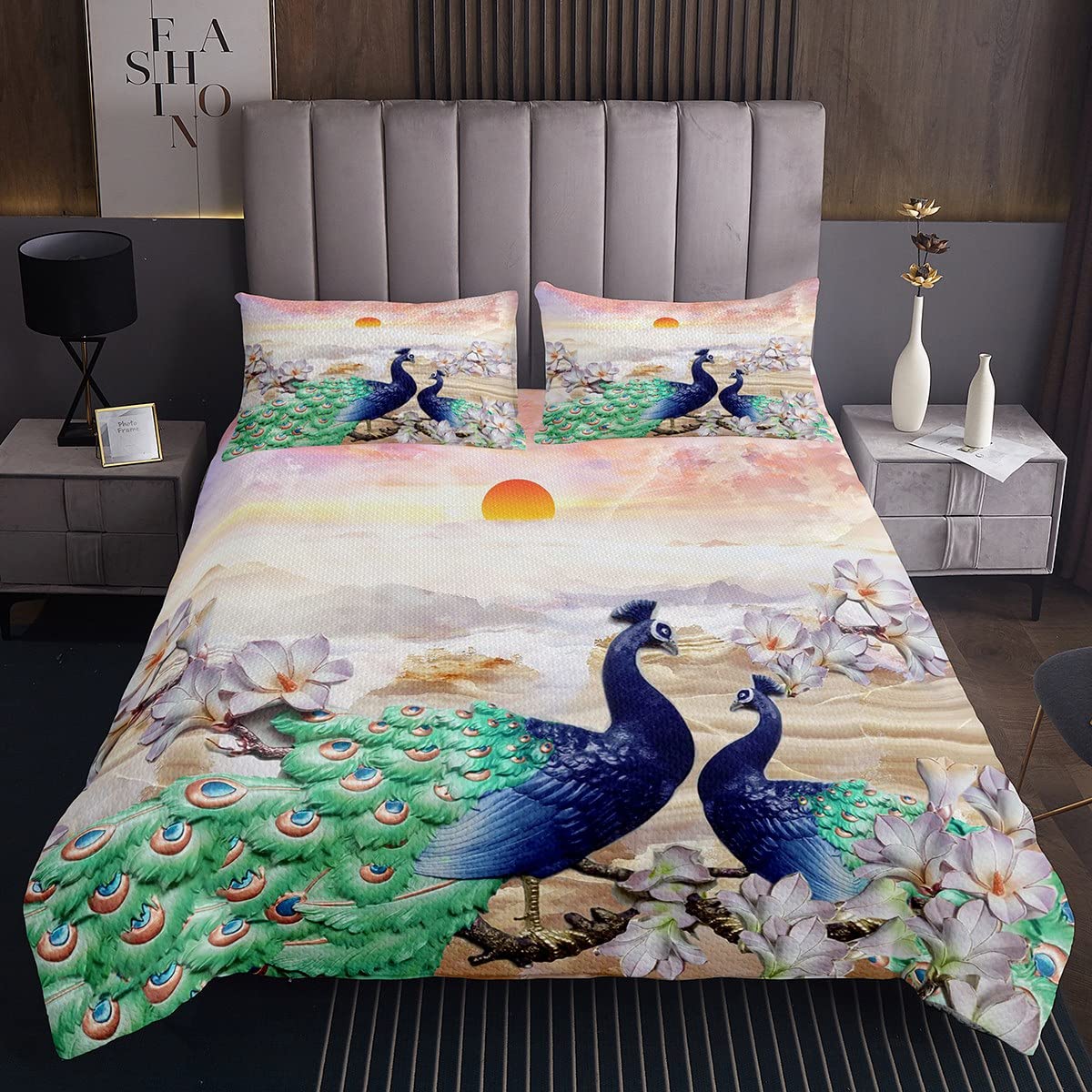 Homemissing Peacock Peacock Feathers Quilted Bedspread for Kids Girls Women Botanical Floral Coverlet Set Colorful Animal Quilted Bedspread King Size