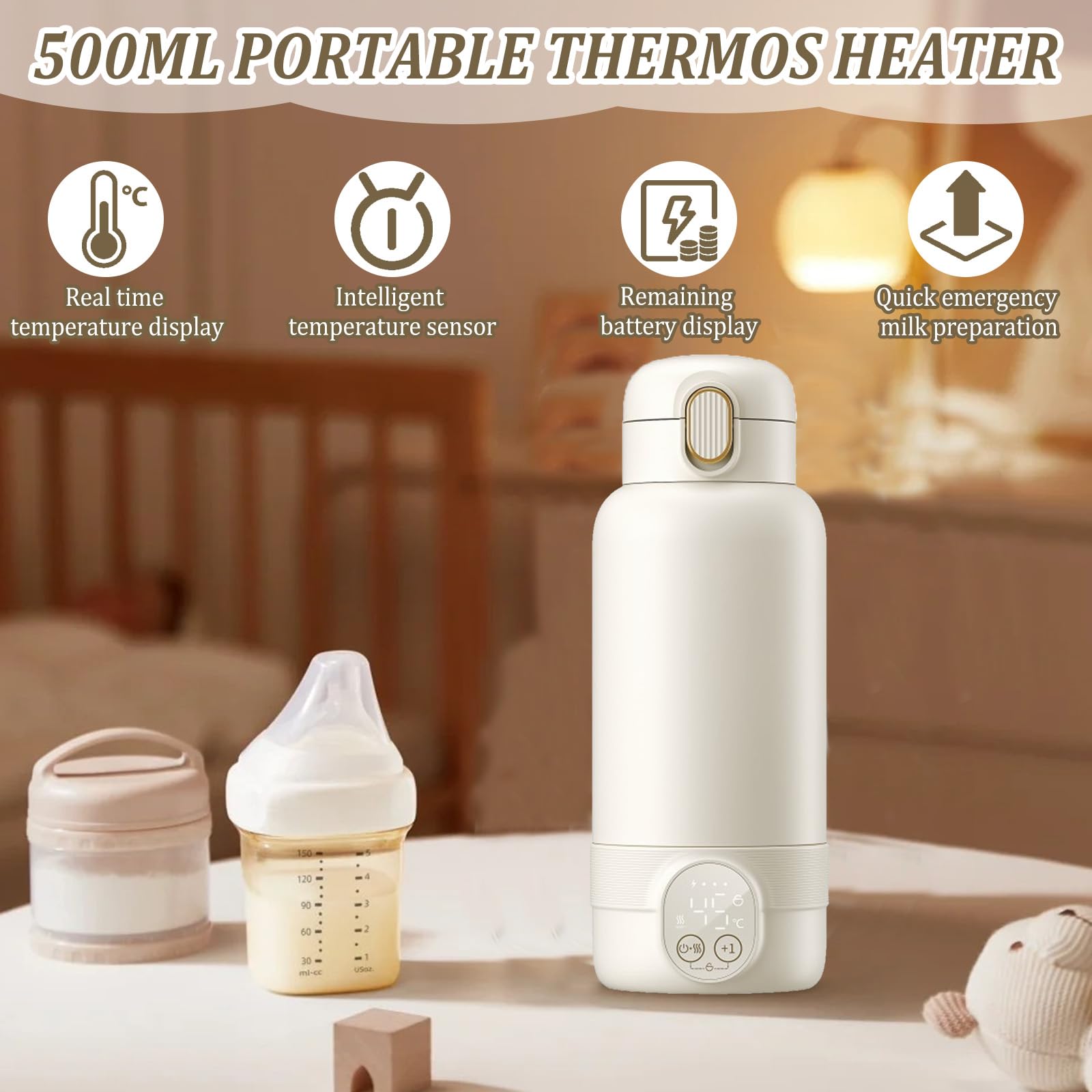 Cordless Portable Bottle Warmer, 500 ml, portatile, regolabile da 37 a 55 gradi, con indicatore LED, scaldabiberon in viaggio, 24 ore, temperatura costante per latte materno e acqua