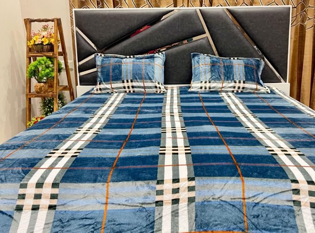 Casatouch Warm Bedsheets Flannel Blankets Soft Double Bed with 2 Pillow Covers (Blue Check)