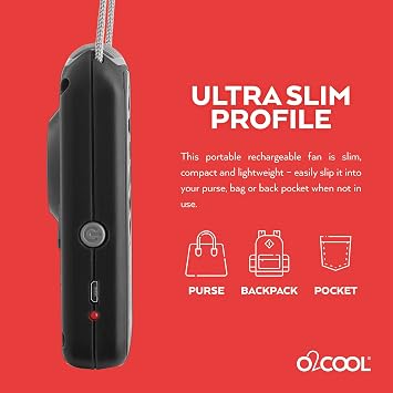 O2COOL Personal Rechargeable Neck Wearable Lanyard Fan Dark Black