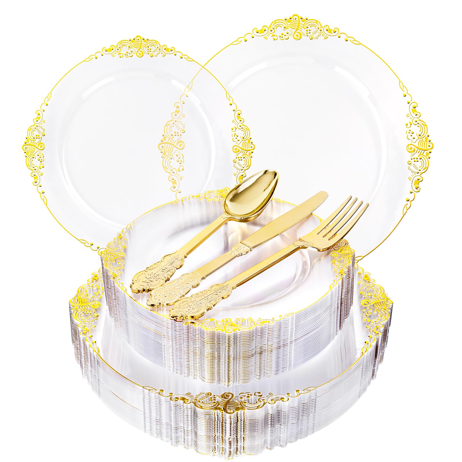 Wedding Plates & Silverware Set - 125PCS Gold & White -19