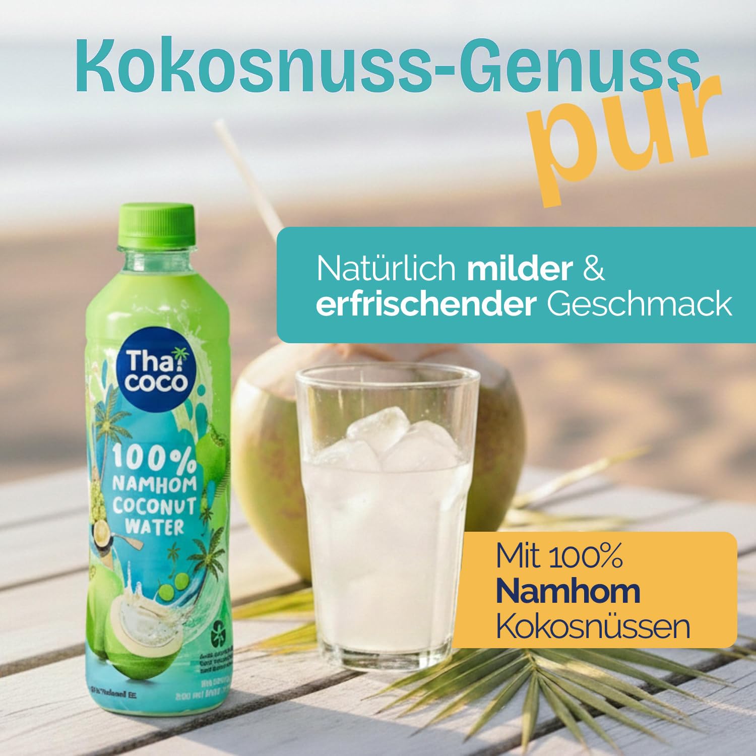 Thai Coco 100% Nam Hom Kokoswasser, natürlich hydrierend mit Elektrolyten, ohne zugesetzten Zucker, ohne Konservierungsstoffe, 24 x 350 ml PET Flasche – Frischer Geschmack aus Nam Hom Kokosnüssen