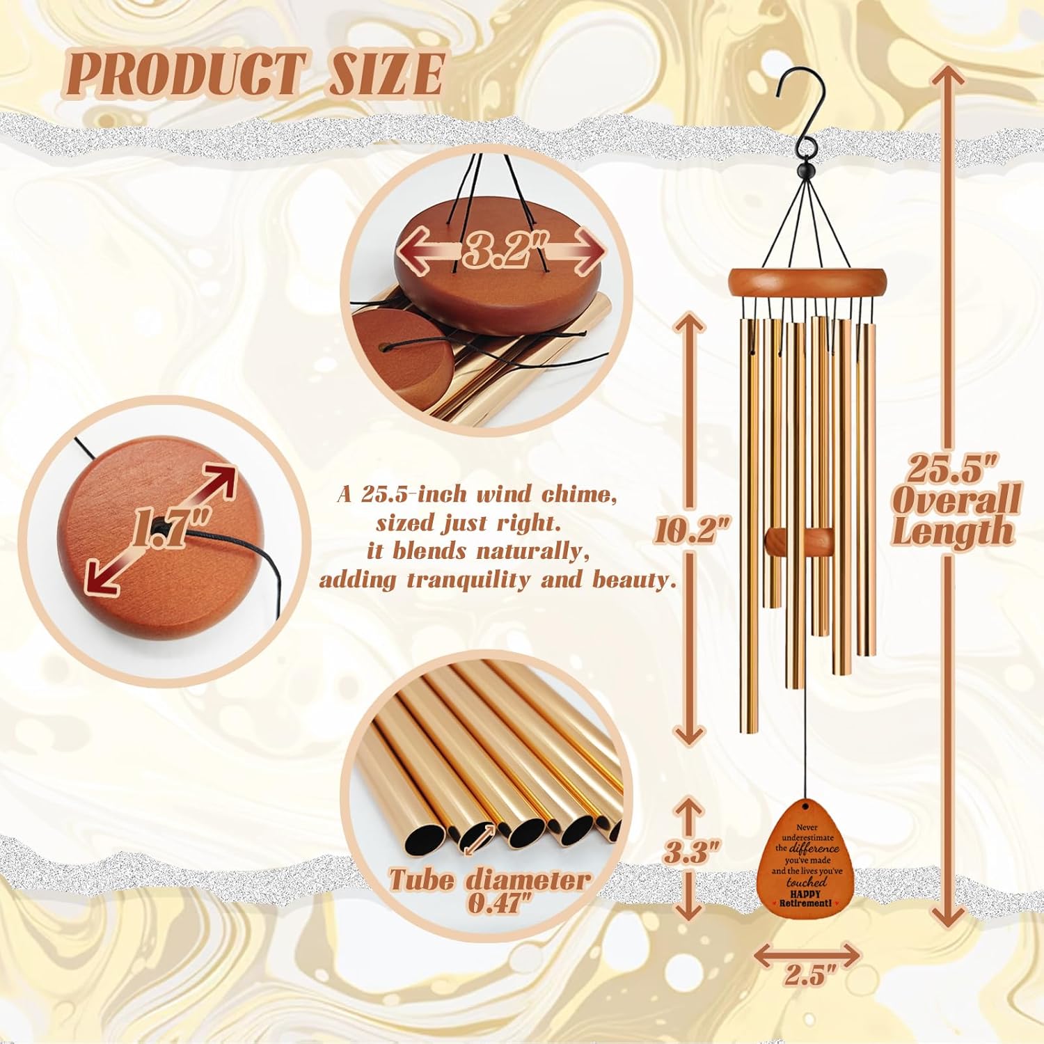 Retirement Gifts Wind Chime, Happy Retirement Decorations for Women, Men, Coworker, Nurse, Veteran, Teacher, Boss (Gold) - Image 4