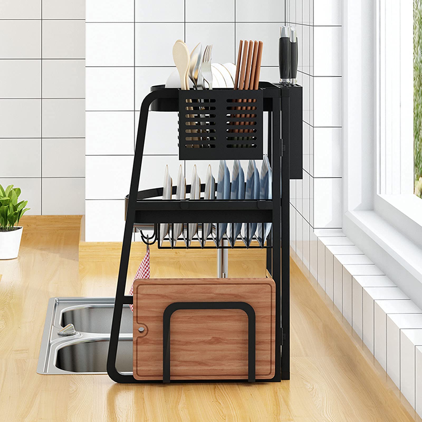 Rejilla para Platos Plegable, Rejilla para Fregadero de Cocina, Rejilla para Filtro de vajilla, Rejilla para escurrir, Rejilla para almacenar Platos, Color Negro, 53 x 32,2 x 32,2