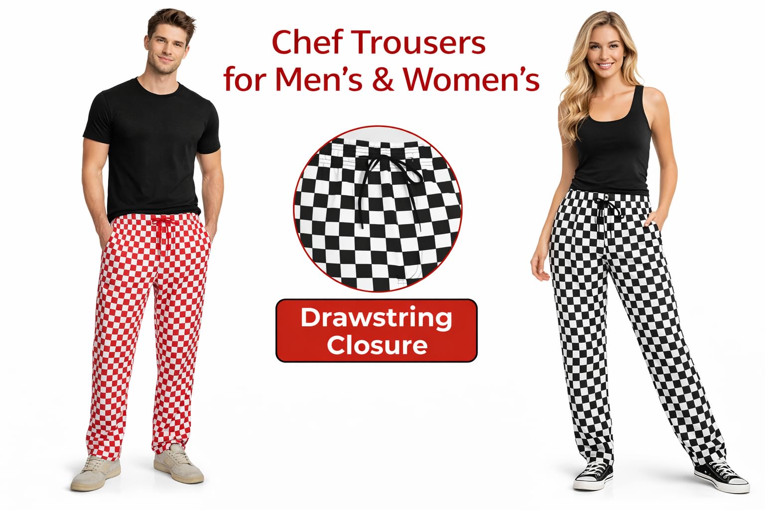 IBEX Pantalon de chef pour homme et femme - Pantalon de chef unisexe avec cordon de serrage - Pantalon de cuisine professionnel léger en polycoton (XS-5XL)