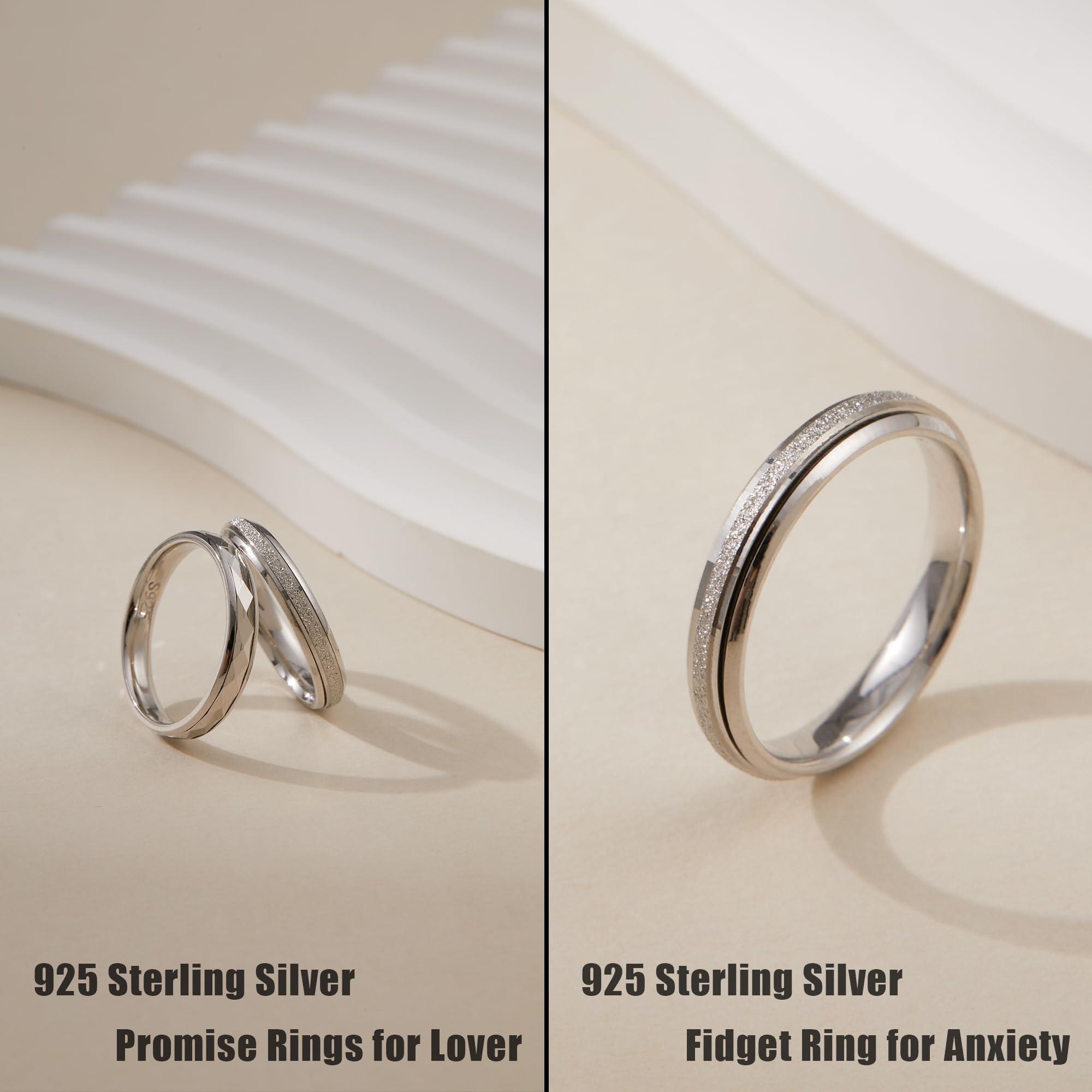 LOFITOR Bague Anti-Stress Argent 925 pour Femmes Hommes - Bague Spinner 4mm Pouce Détente - Rhombus Sablé - Bijou Anxiété