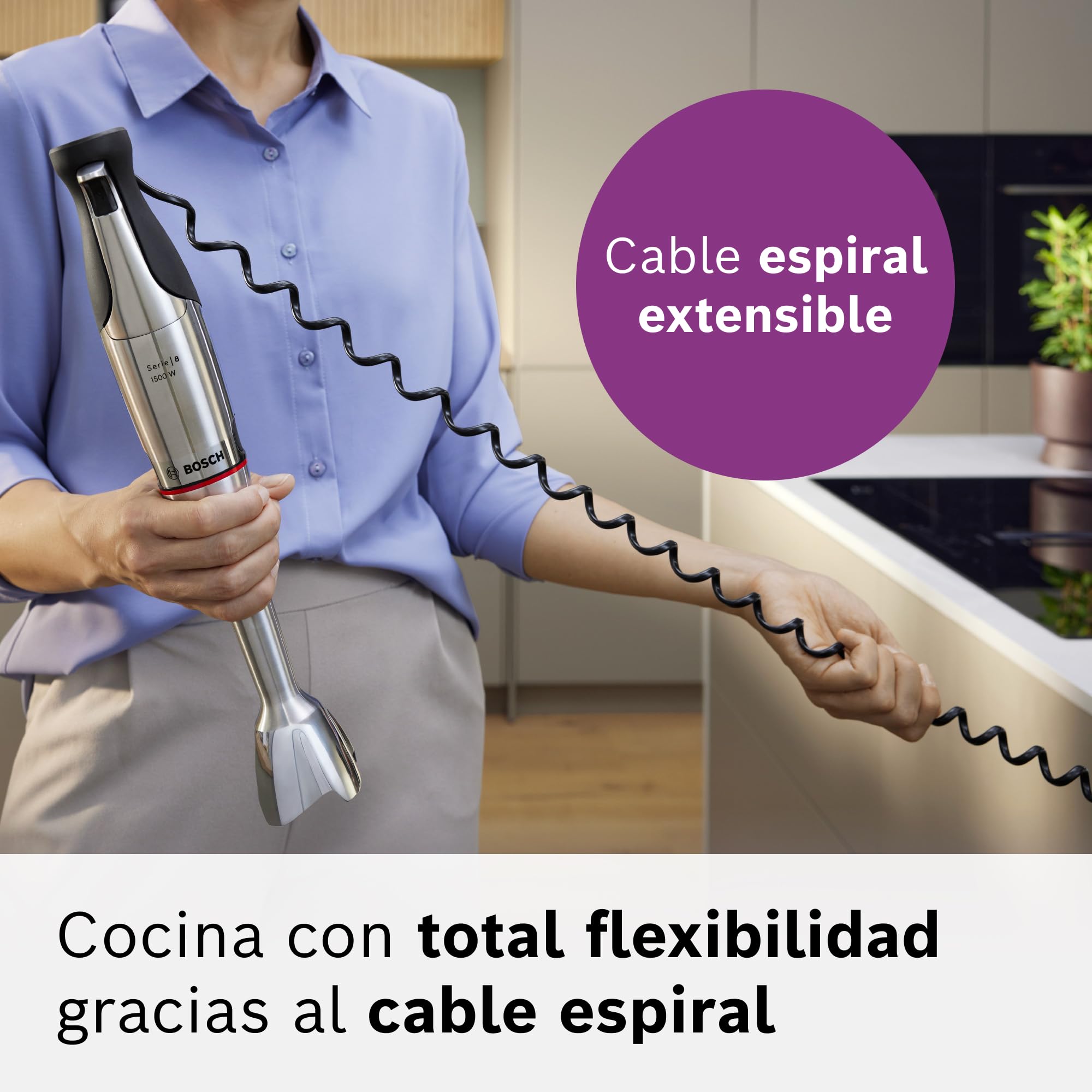 Bosch - Batidora de mano, serie ErgoMaster 8, motor de 1500 vatios, ajuste intuitivo de la velocidad, cuchilla de 6 hojas, accesorios incluidos, acero inoxidable, MSM8M934