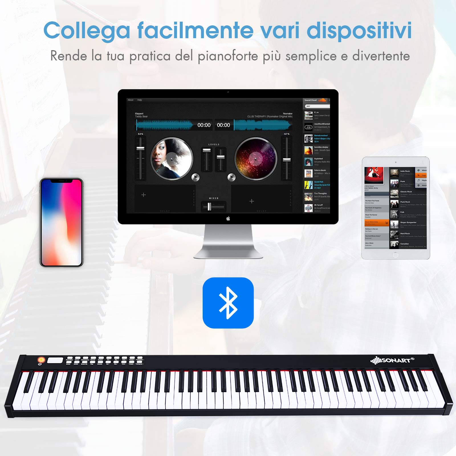 RELAX4LIFE Pianoforte Digitale Portatile con 88 Tasti Illuminati, Custodia, Leggio, Modalità di Insegnamento,MP3/USB/MIDI/Bluetooth (NERO)