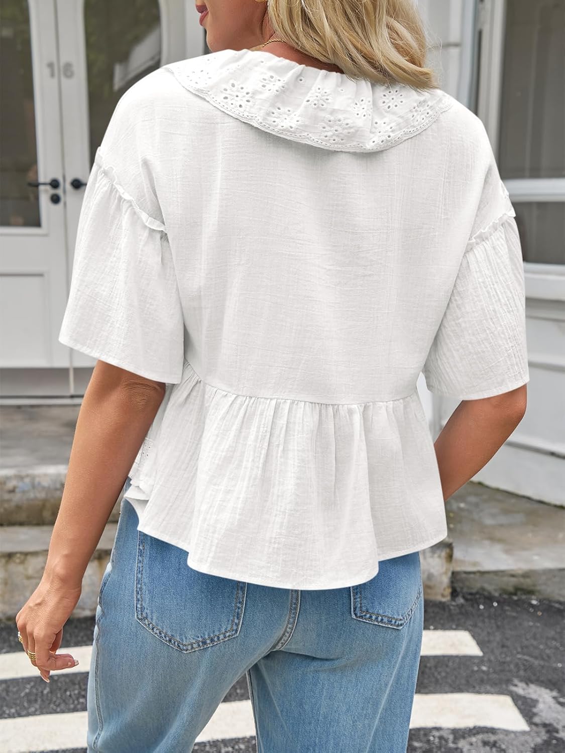 Cicy Bell Womens Cropped Babydoll Tops Summer Eyelet V Neck Short Sleeve Cute Blouses Ruffle Shirts - Image 6