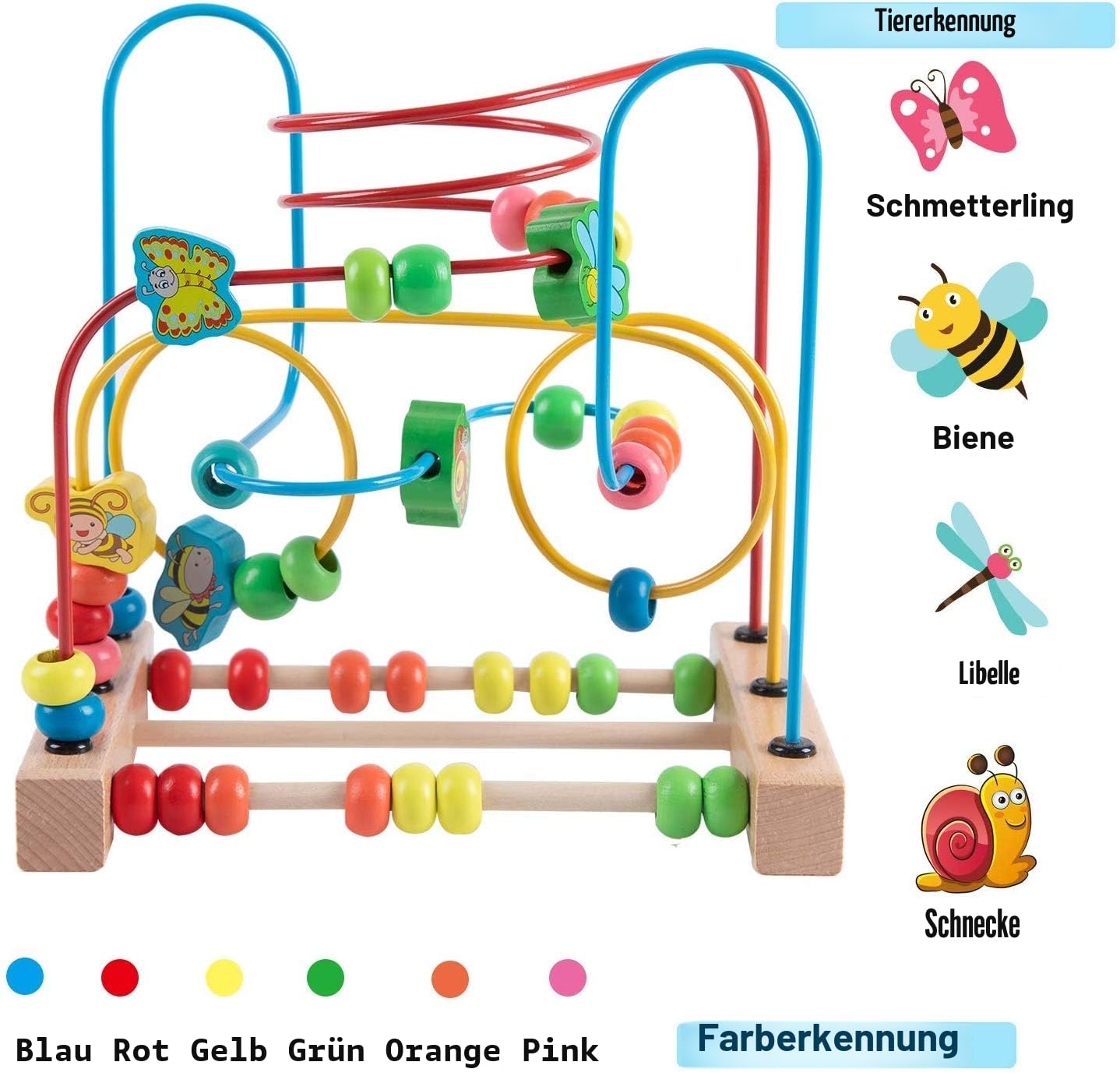 Jacootoys Motorikschleife aus Holz Tier Holzspielzeug mit DREI verschiedenen Schleifen Roller Coaster Motorik Maze Spielzeug für Kinder