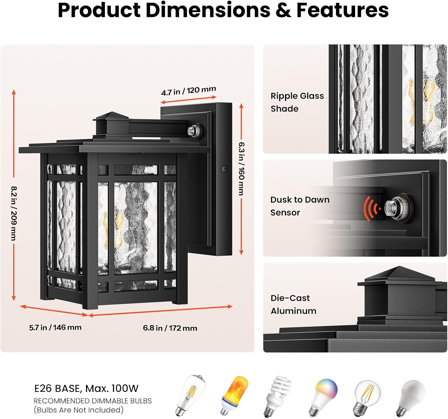 Gleamz Dusk to Dawn Outdoor Wall Lights, Black 100% Aluminum Front Door Light Fixture Outdoor Wall Lamp, Waterproof Exterior Porch Light with E26 Socket, Modern Garage Exterior Lights for House, Patio