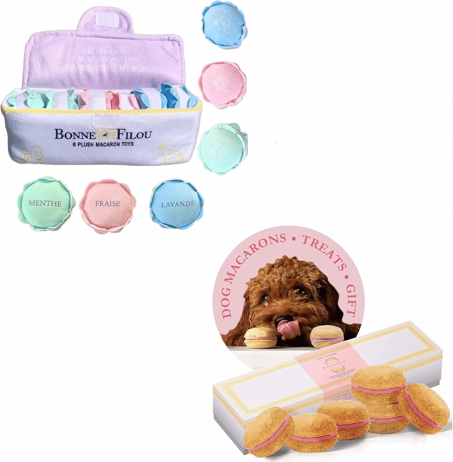 Bonne et Filou Dog Plush Toy Macarons (6 Pack) and Luxury Handmade Gourmet Strawberry Dog Macarons Treats (6 Pack)