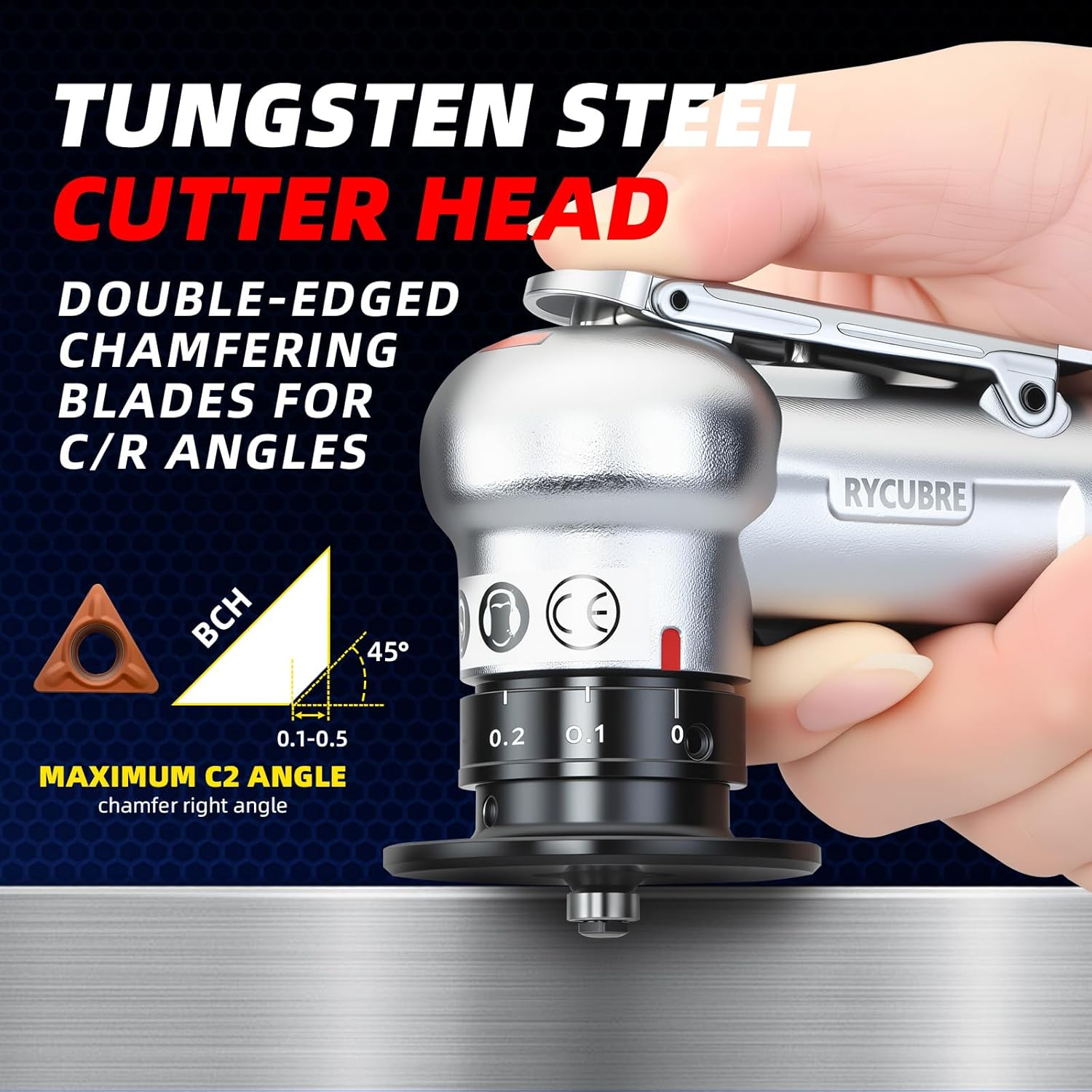 Pneumatic Chamfering Tool Handheld, Mini Air-Powered Chamfering Machine with 4 C-Blades (2 Pre-Installed), 45° Right-Angle Trimming, 1/4 Inch Air Inlet for Metal, Wood Beveling & Deburring