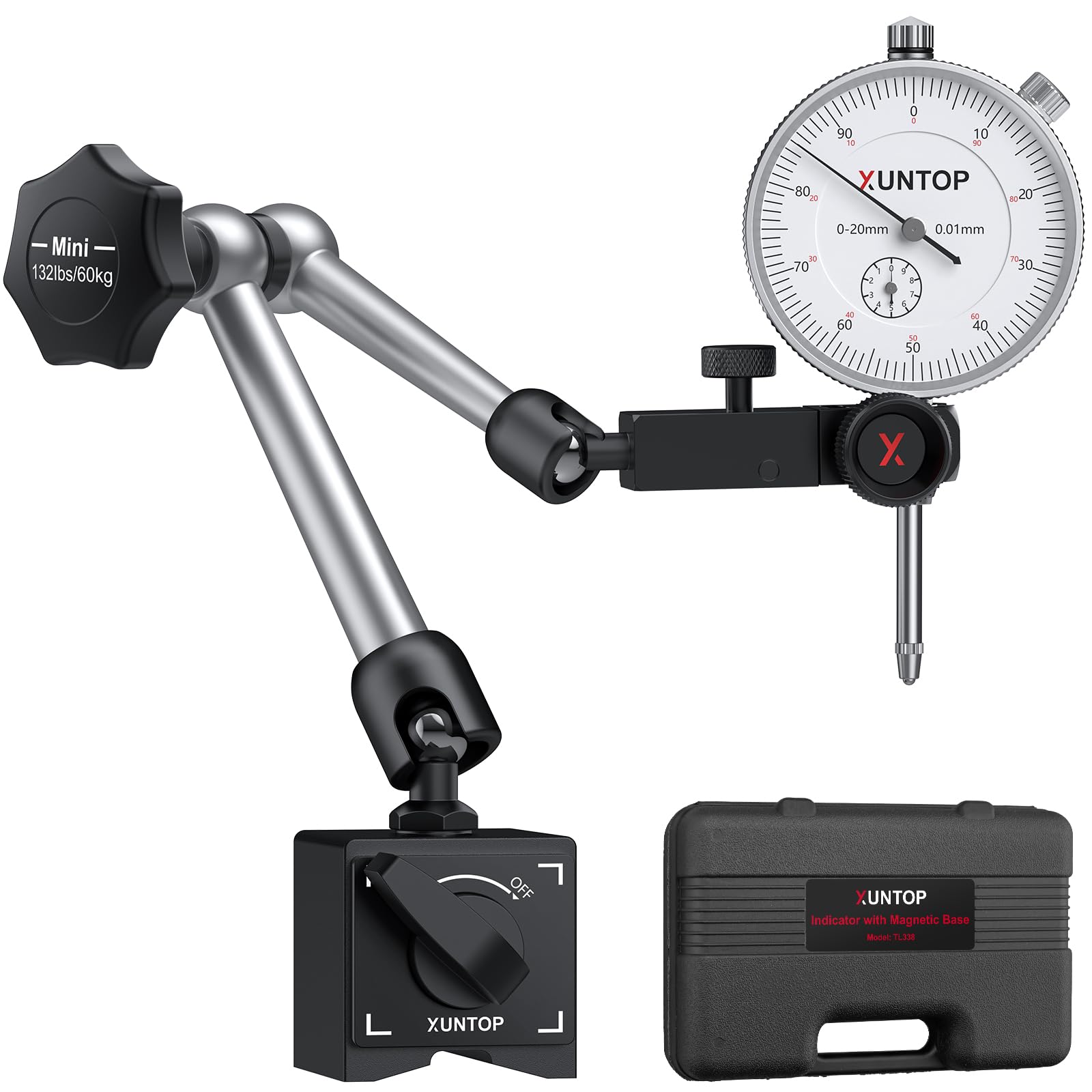 XUNTOP Präzisions Messuhr mit Magnetfuß 0,01mm Genauigkeit, 0-20 mm Messbereich,Mechanische Anzeige,132lbs/60kg, Mit Feineinstellknopf Ideal für Industrieanwendungen