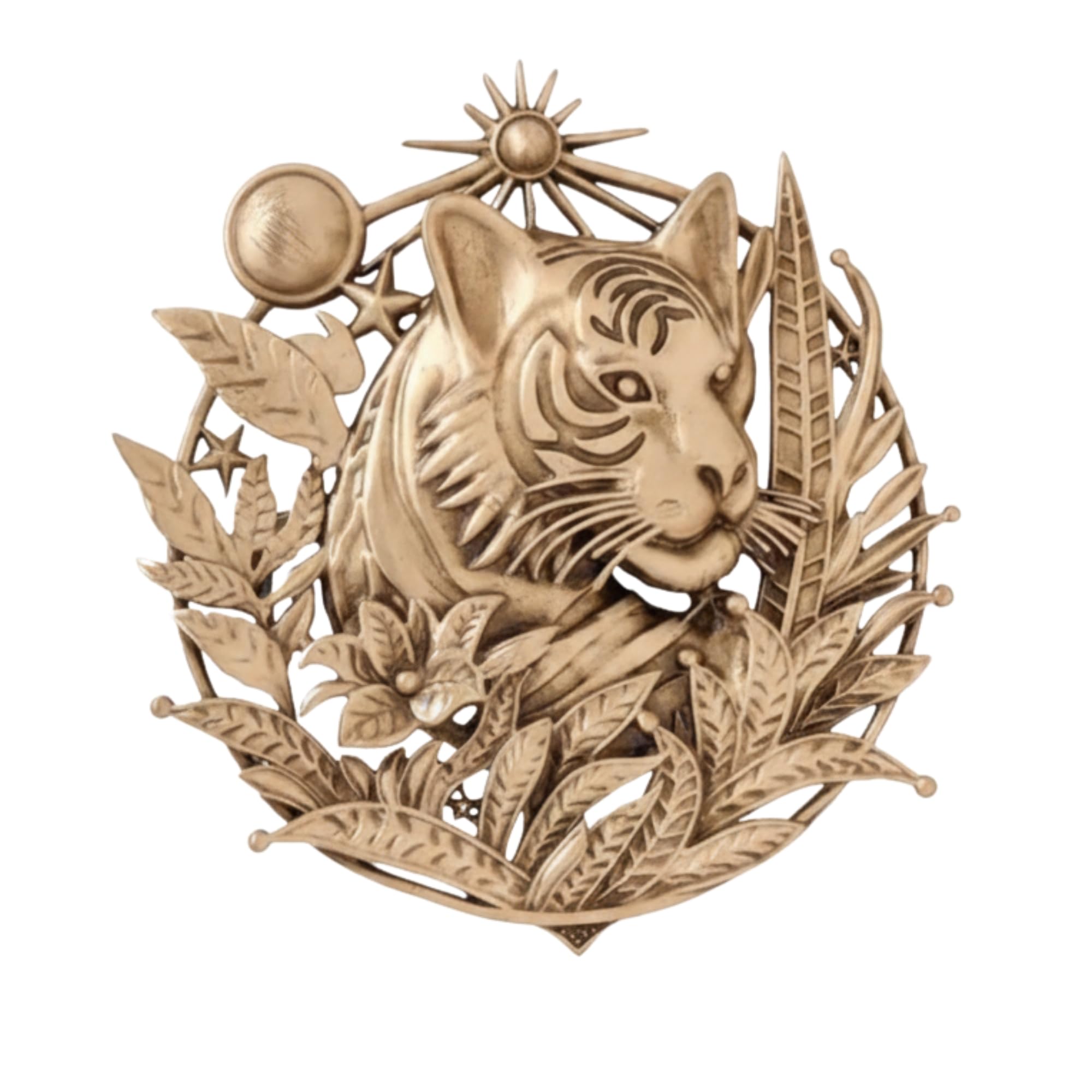 Bengal Tiger Heritage Brooch - Antique Gold Prowling Tiger & Tropical Leaf Circular Lapel Pin-image-13