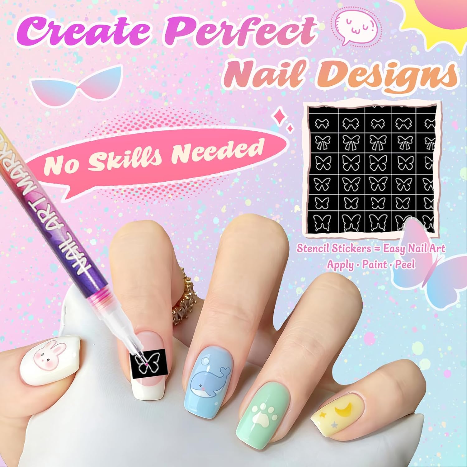 12 Colors Nail Art Pens Set with 0.5mm Fine Tip, Nail Design Drawing Pens for Acrylic Gel Natural Nails, Quick-Dry Waterproof Manicure Nail Art Markers with Storage Pouch & Nail Stencil Stickers