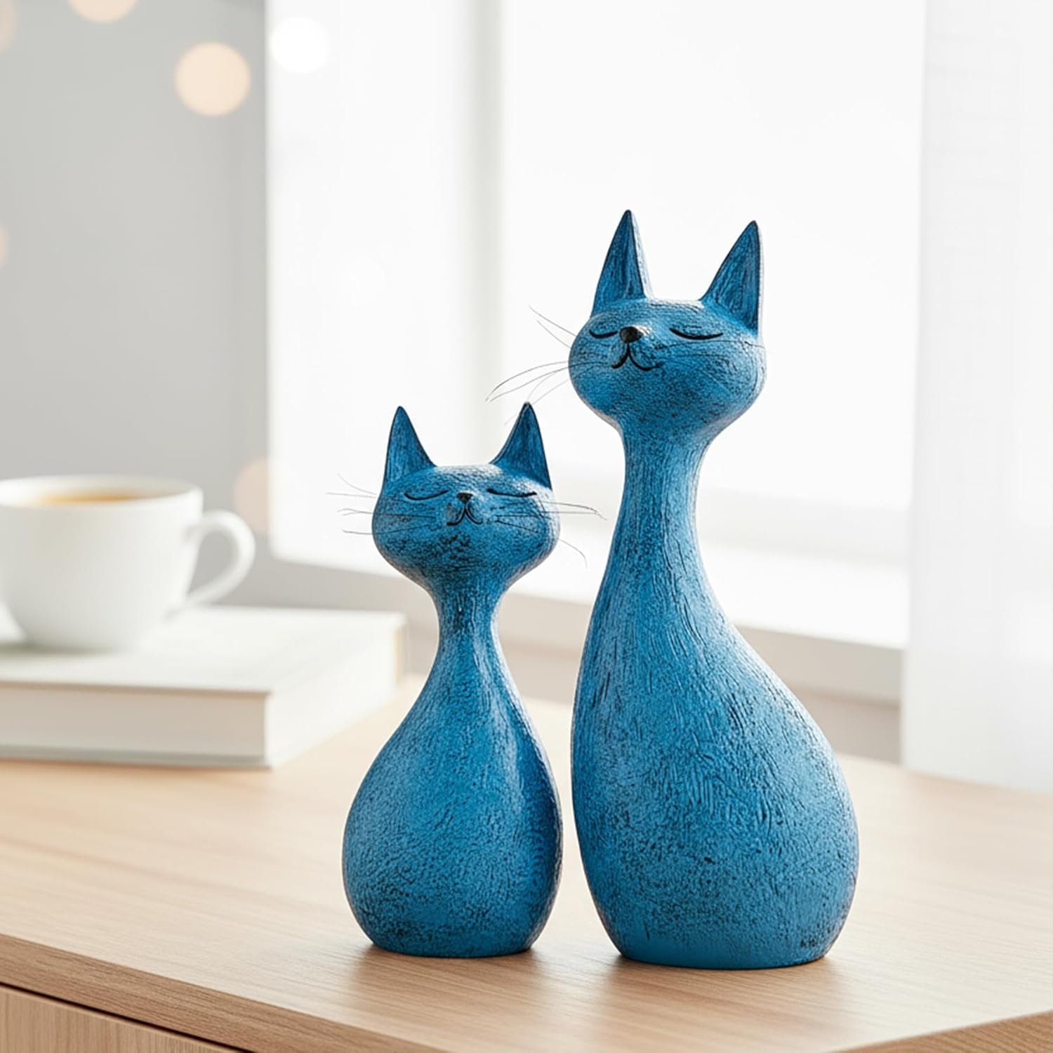 FJS Modern Cat Statues Decor, 8.7" H Navy Blue Cat Sculptures Shelf Table Home Décor Accents, Cute Animals Figurines Decorations for Entryway TV Stand Coffee Table Living Room Bedroom Office