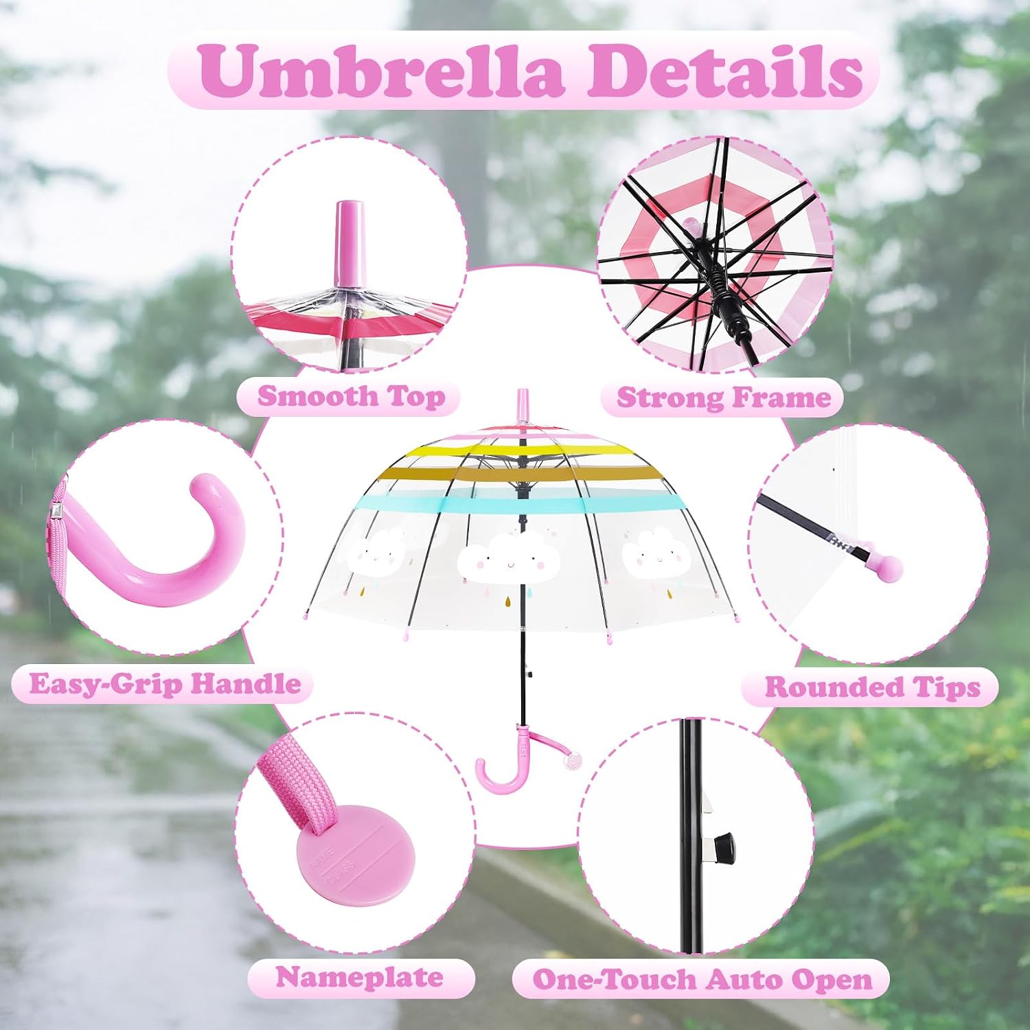 Kids Clear Bubble Umbrella with Dome Canopy and Easy Grip Handle, Transparent Lightweight Wind and Rain Proof Stick Umbrella for Toddler Boys and Girls