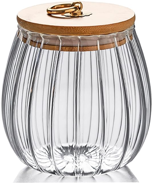 Glass Coffee Nuts Canister Airtight Storage Jar Petal Decorative Container with Bamboo Lid Metal Handle Easy to Grasp (small oval)