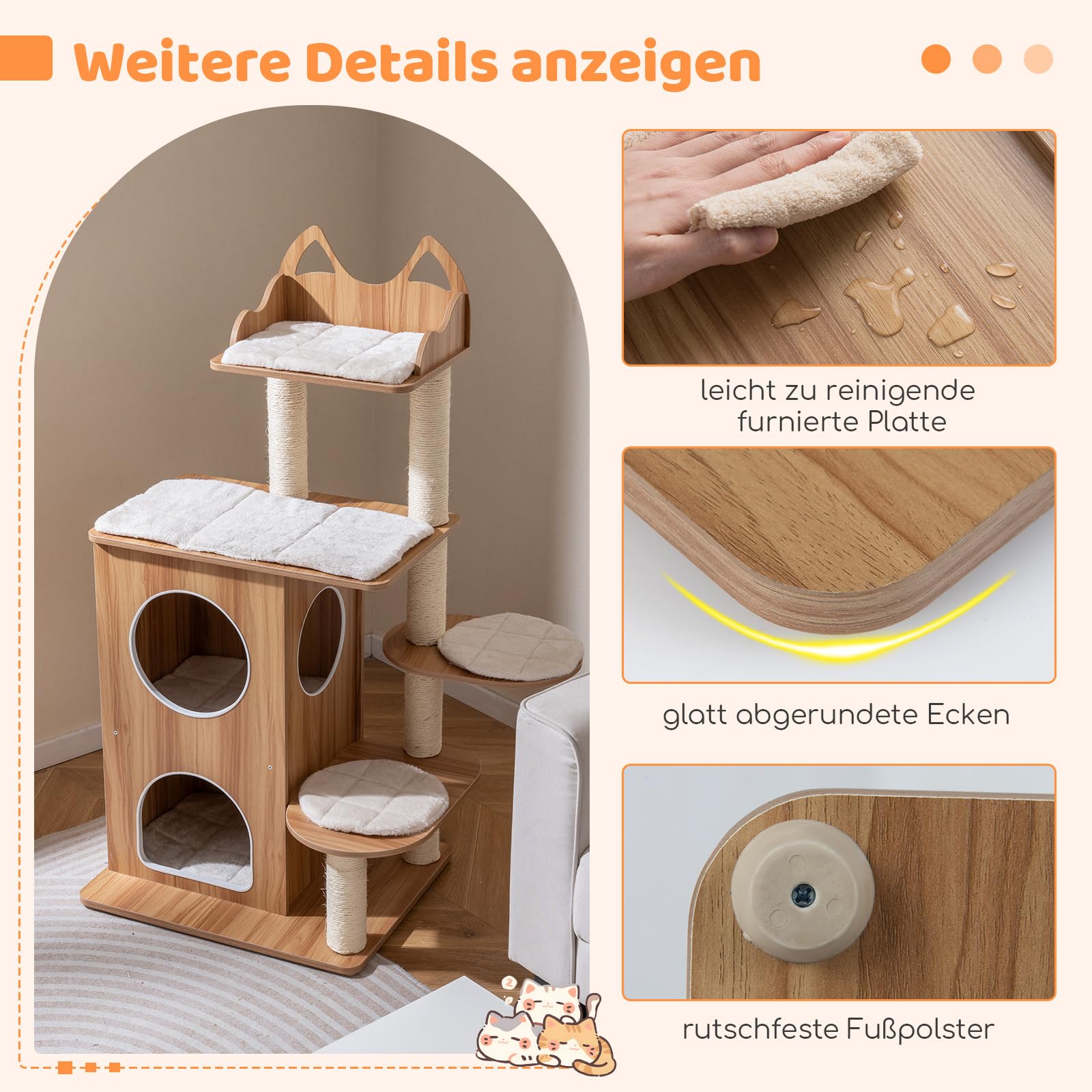 COSTWAY Drapak z drewna, 122 cm, z 2-poziomową jaskinią dla kotów, drapak dla kota z platformami, poduszkami i sizalowymi słupkami do drapania, meble dla kotów, drzewko do wspinaczki, domek dla kotów