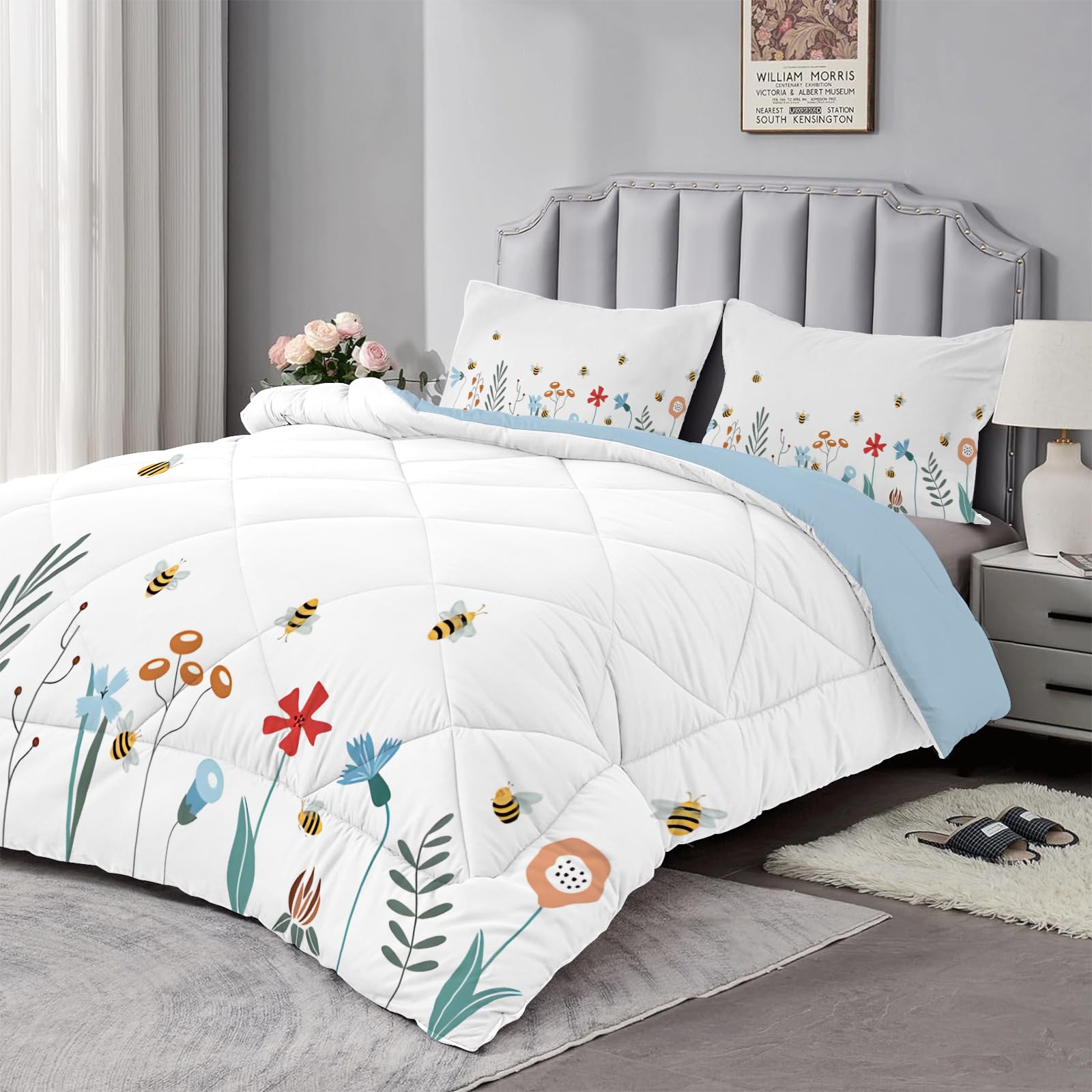 Dyausi White Double Duvet - Coverless Duvet With Matching Pillowcase 50X75cm - Reversible Bees And Flowers Printed Duvet - Lightweight And Washable Duvet Double - Double 200X200cm