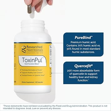 Researched Nutritionals ToxinPul - Kidney & Liver Cleanse Detox & Repair - Multi-Binder Formula with Humic Acid, Chlorella & Quercetin for Heavy Metals, Glyphosate & Toxin Removal (90 ct)