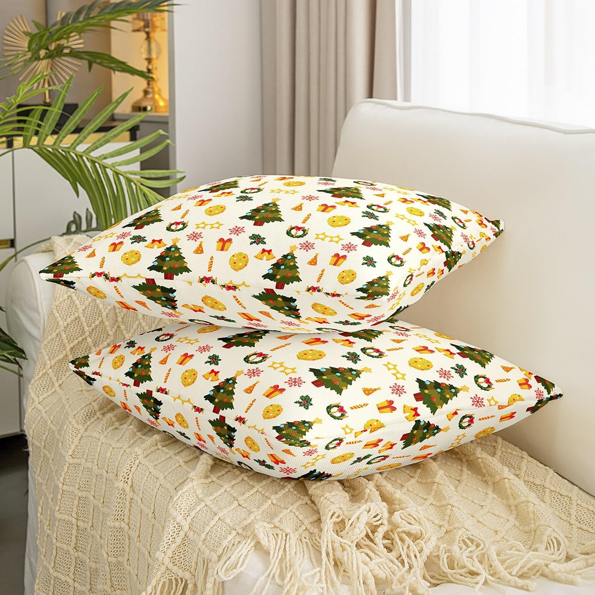Juego de 4 fundas de almohada con temática navideña de 18 x 18 pulgadas, juego de 4 fundas de cojín de árbol de Navidad, fundas de almohada decorativas con temática de invierno, funda de almohada para