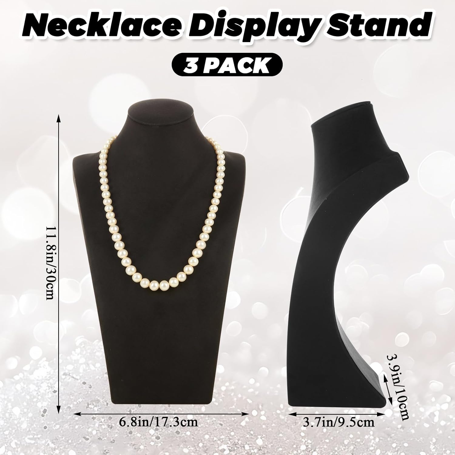 3 Pack Necklace Display Stand, Jewelry Bust Display Stands, Necklace Bust Holder Necklace Mannequin Holder for Selling Home Store Trade Shows Photography Props - Black Velvet (12 x 6.89 Inch)
