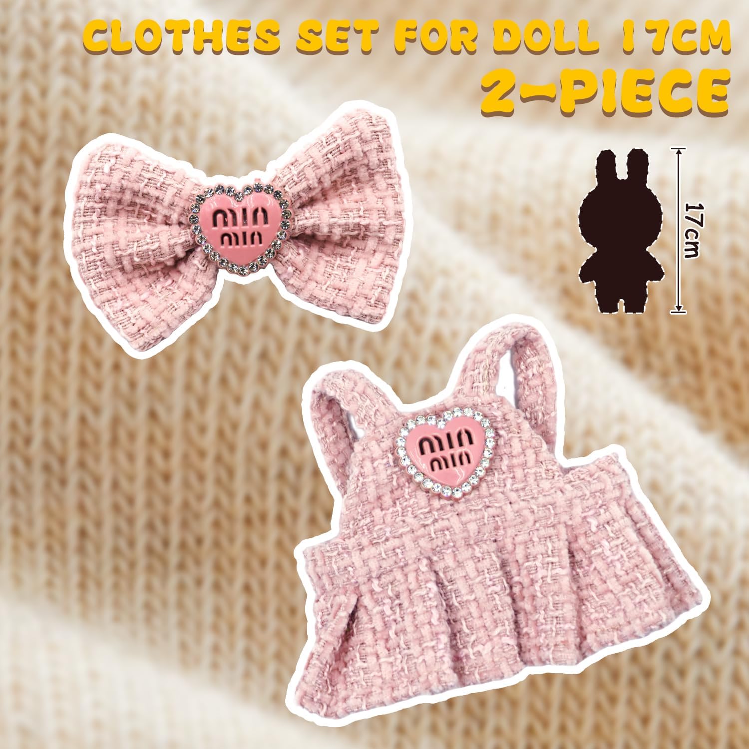Clothes for Lububu(NO Doll), Bowknot & Dress Set with Heart Badge, Cute Clothes for Dress up Unique Style, Stylish Clothes for Doll, Gifts for Lovers(Pink)
