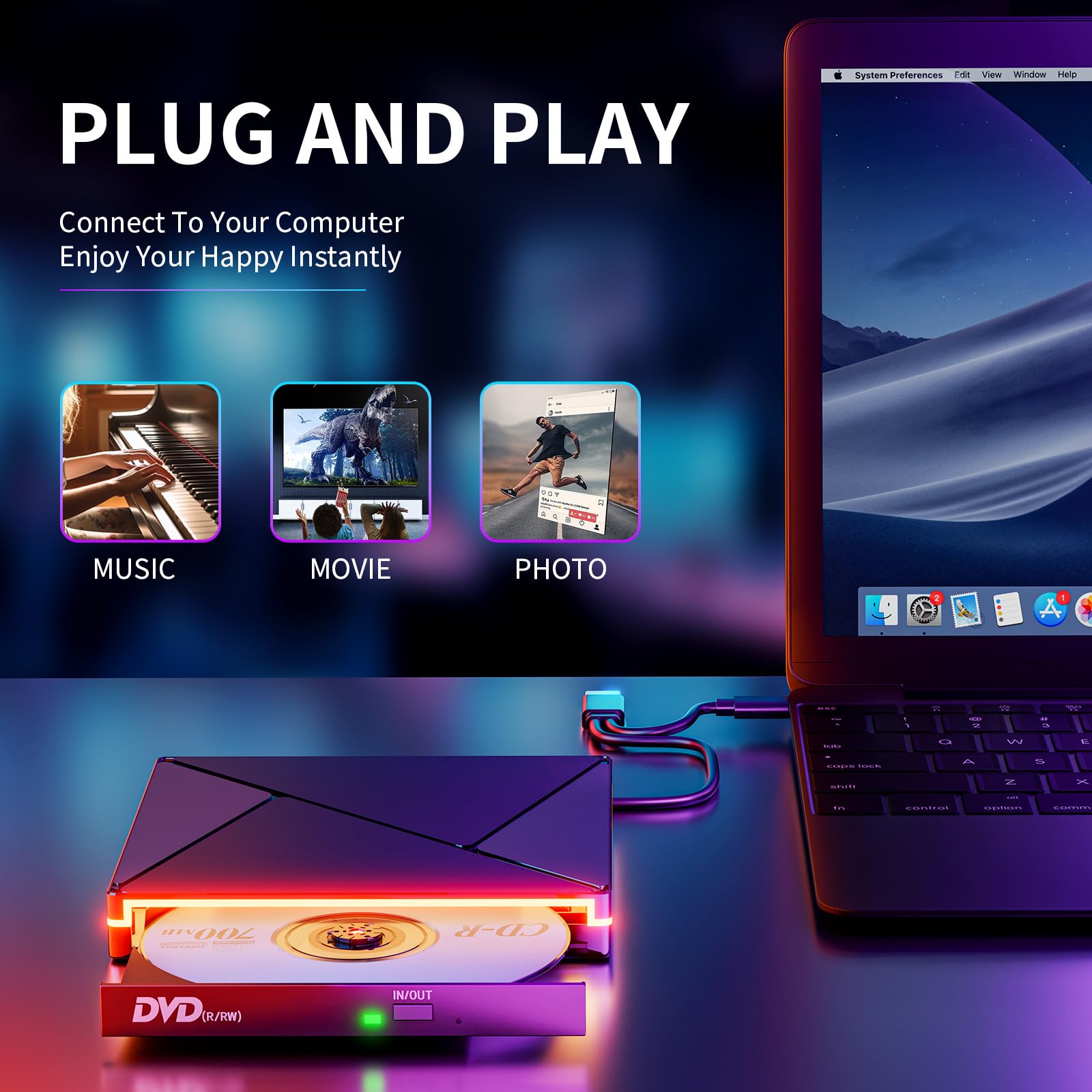 Zewnętrzny napęd CD DVD z RGB, USB 3.0 i USB-C, zewnętrzny, nagrywarka CD DVD +/-RW ROM, optyczny, zewnętrzny napęd DVD do laptopa, komputera stacjonarnego, MacBooka, iMaca, Windows 11/10/8/7/XP/Linux