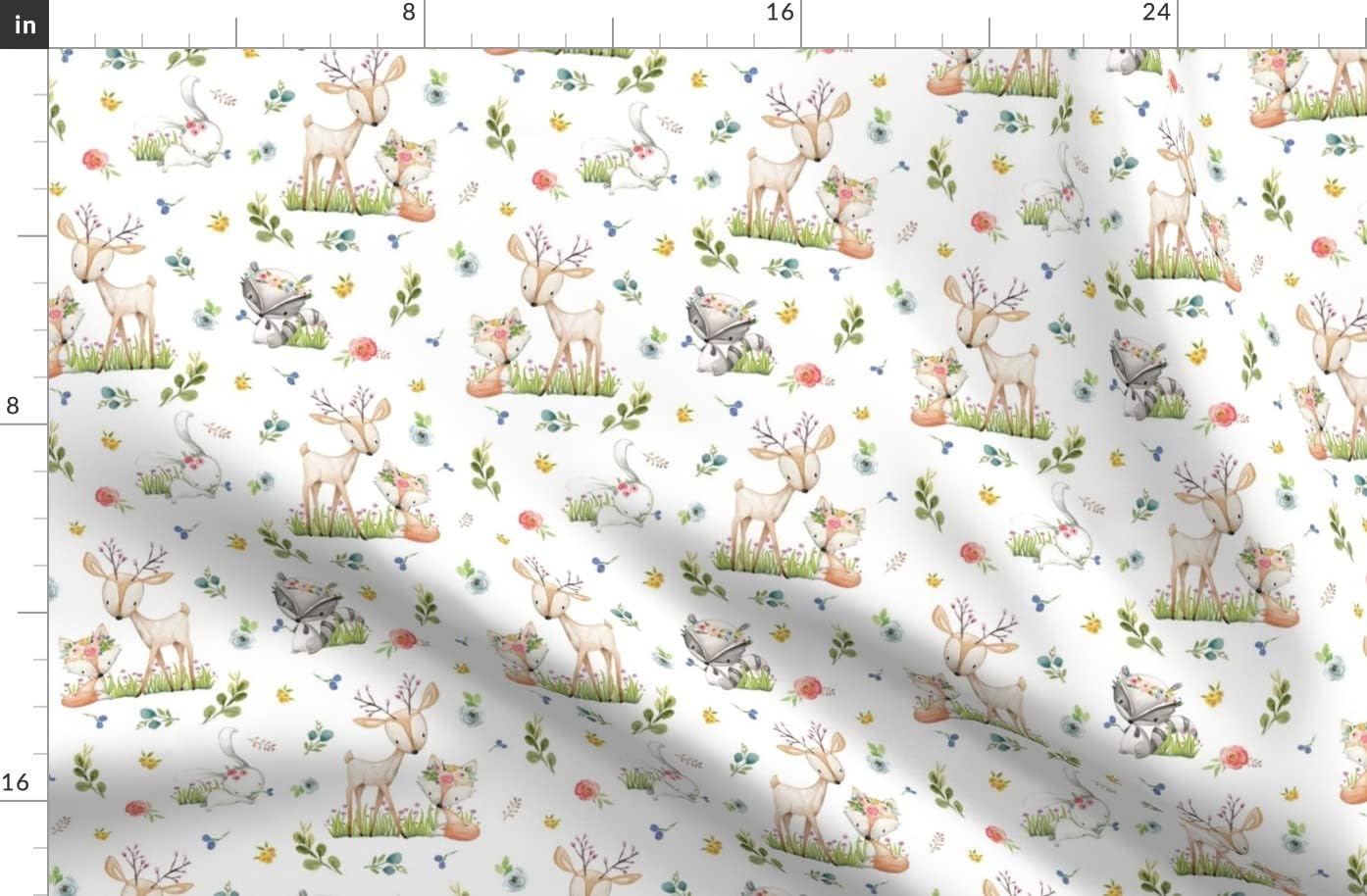 Spoonflower Fabric - Woodland Friends Deer Fox Raccoon Bunny Flowers Girl Nursery Animals Printed on Organic Cotton Sateen Fabric by The Yard - Sewing Quilting Apparel Home Decor
