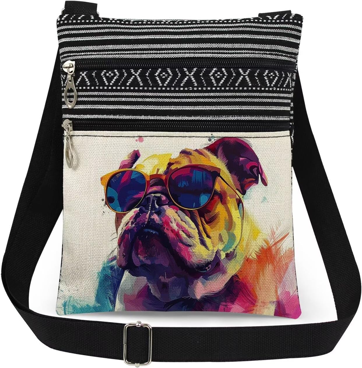 Watercolor Dog Crossbody Bag Bulldog with Sunglasses Print Messenger Bag for Adults Travel Adjustable Shoulder Strap Purse Unique Gift for Brother/Sister Dog Lover Friend