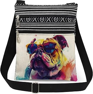 Watercolor Dog Crossbody Bag Bulldog with Sunglasses Print Messenger Bag for Adults Travel Adjustable Shoulder Strap Purse Unique Gift for Brother/Sister Dog Lover Friend