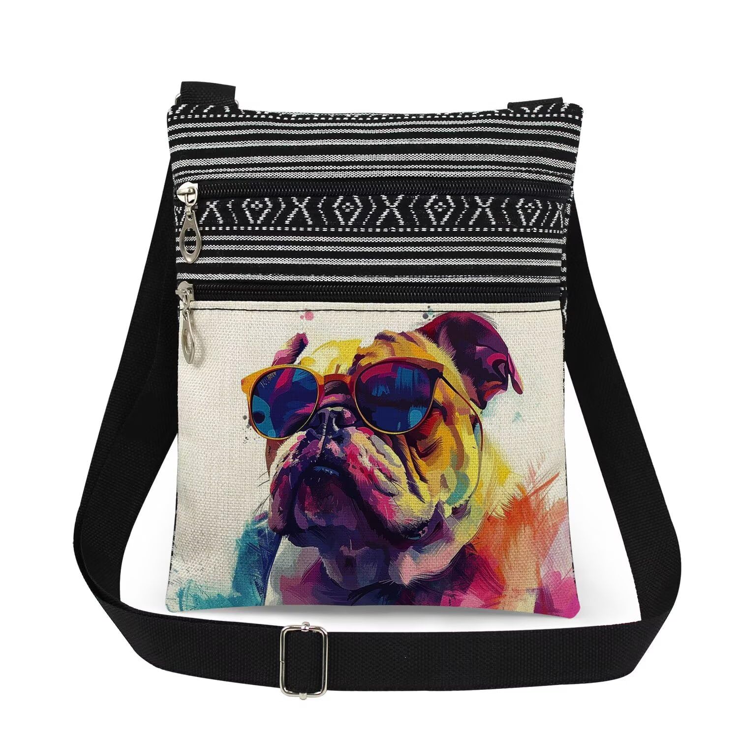 XiaoGalaee Watercolor Dog Crossbody Bag Bulldog with Sunglasses Print Messenger Bag for Adults Travel Adjustable Shoulder Strap Purse