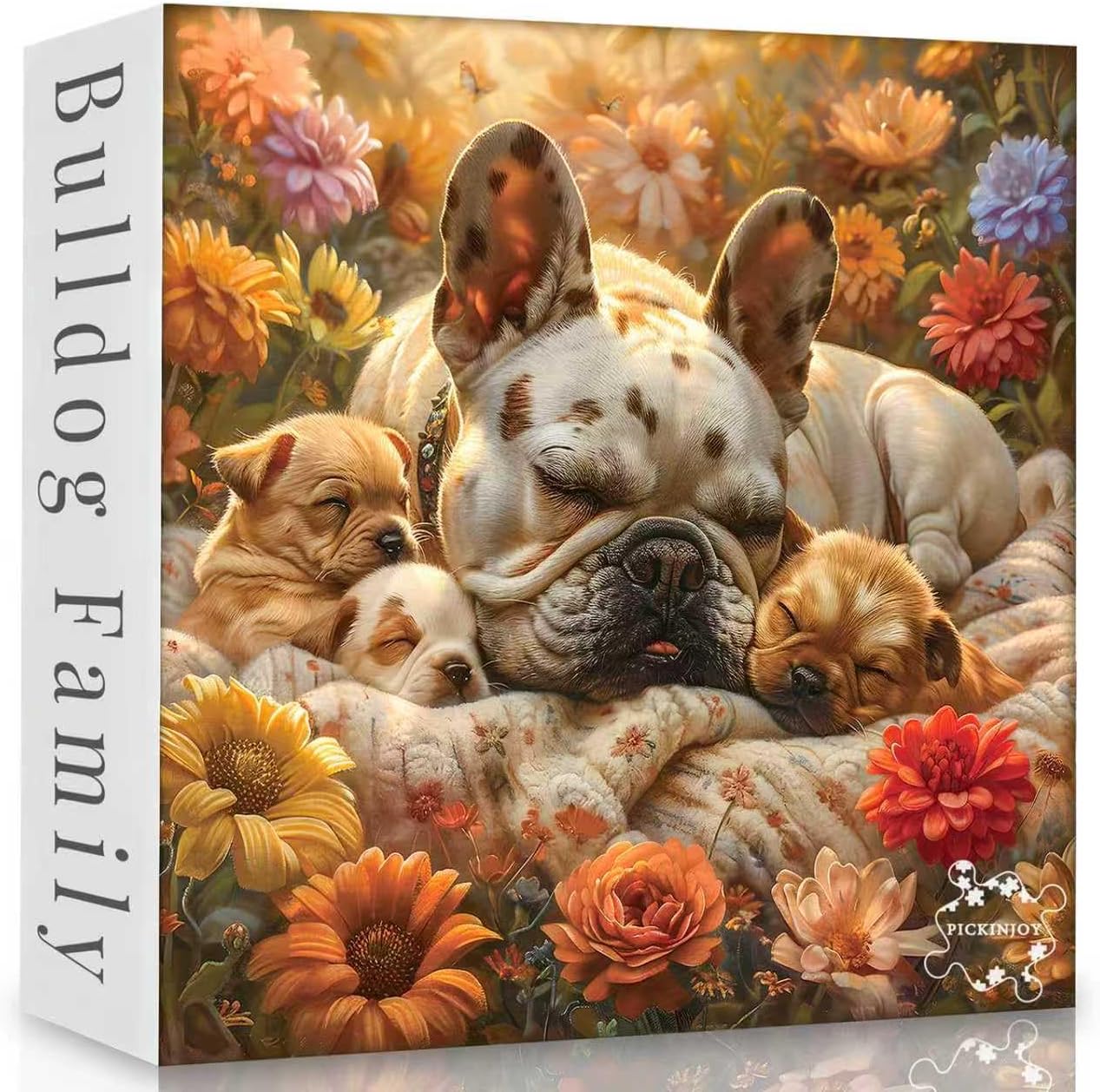 French Bulldog Jigsaw Puzzle for Adults 1000 Pieces – Challenging & Cozy Dog Puzzle Game – Cute Sleeping Frenchie Family in Floral Garden – Difficult Animal Puzzle Gift for Women, Family & Dog Lovers