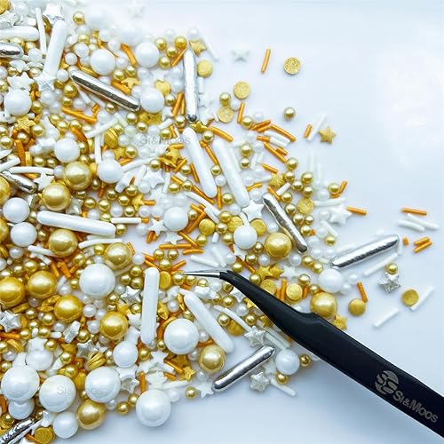 Miniatura 3 de SE Si&Moos Gránulos dorados y blancos de 4.6 onzas, perlas comestibles doradas y blancas, decoración de galletas de Navidad, estrellas pequeñas para