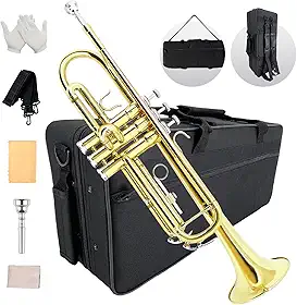 Conjunto de Trompete Padrão Bb para Iniciantes ou Estudantes com Estojo Rígido de Transporte, Ouro, Latão e Aço Inoxidável
