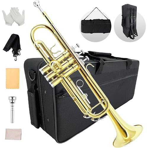 Bb Standard Trumpet Set for Beginners or students with Carrying Hard Case, 7C Mouthpiece, Cleaning Cloth and Gloves (gold)