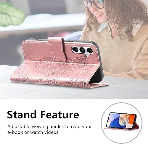 Miniatura 4 de Funda tipo cartera para Galaxy A14 5G (estampado de mariposas y flores) de cuero, con ranuras para tarjetas y función atril para Samsung Galaxy A14