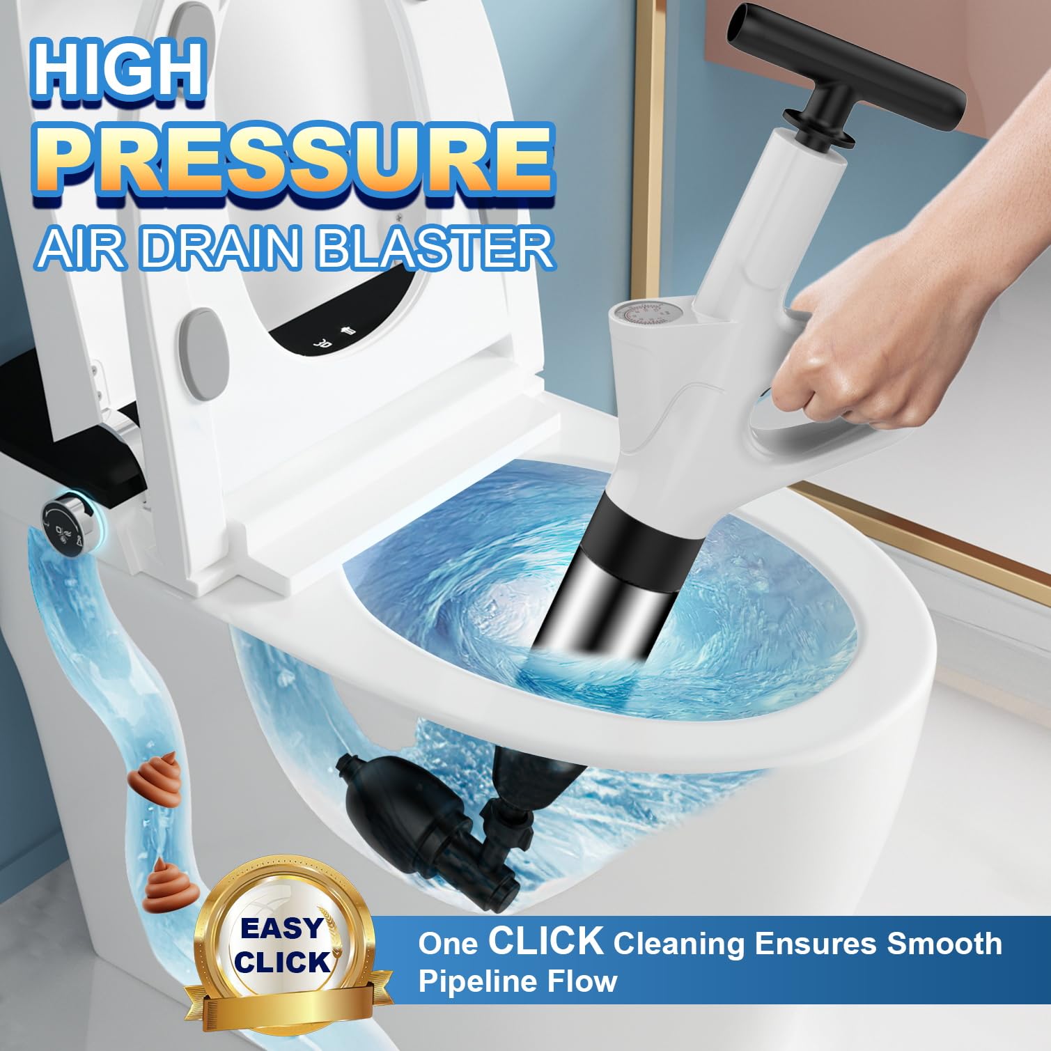 Stura WC ad alta pressione, Pompa stura scarichi con manometro visibile, Sturalavandini a pressione con sonda in tempo reale, Stantuffo robusto per intasamenti di WC, lavandini e tubature(Bianco)