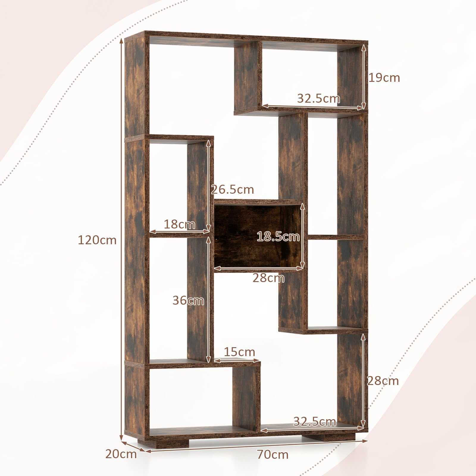 GIANTEX Wolnostojący regał na książki, 70 x 20 x 120 cm, z zabezpieczeniem przed odbijaniem się, drewniany regał do salonu, gabinetu i biura (brązowy)