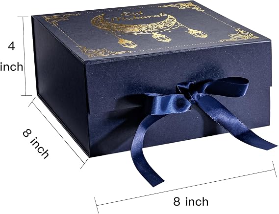 WRAPAHOLIC Eid Mubarak Gift Box with Satin Ribbon, 8x8x4 Inches Blue Collapsible Gift Box with Magnetic Closure for Eid Party, Ramadan, Gift Wrap, Storage