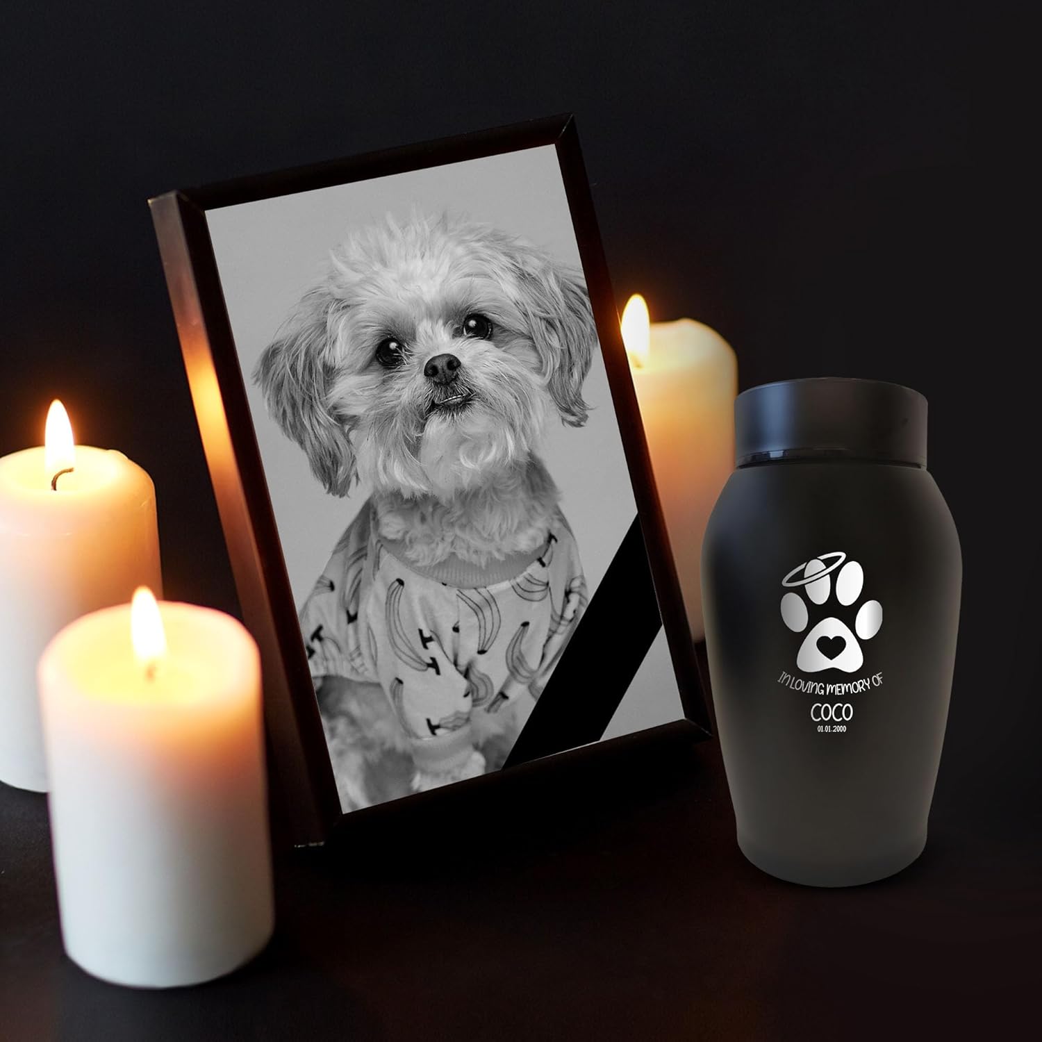 Personalized Custom Small Keepsake Urn Engraved with Pet Name, Date, and Dog Design - 5.2" Black Powder Coated Steel Cremation Urn for Dogs Ashes | 12-16 lb Capacity, Forever in Our Hearts