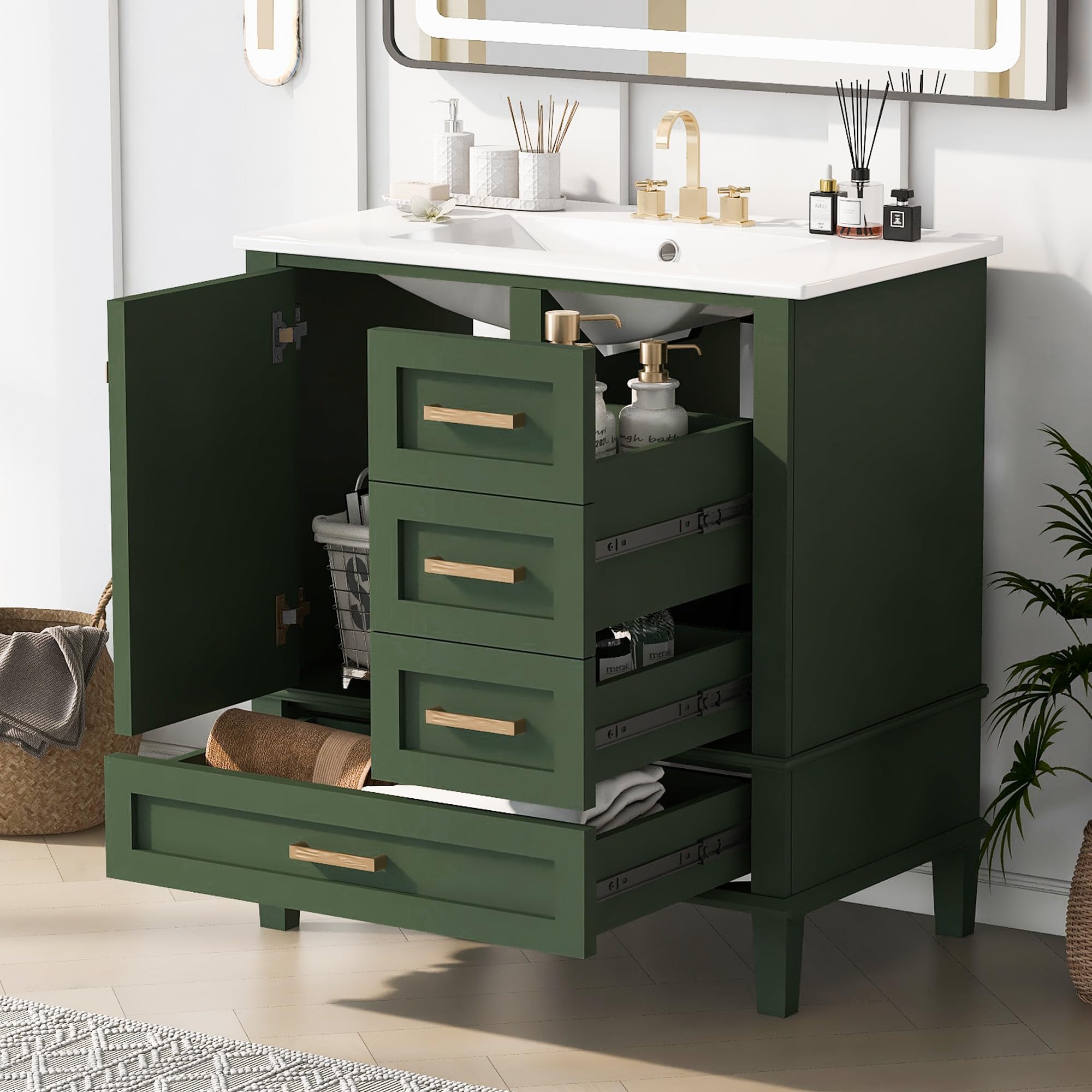 HiHomely 30 Inches Green Bathroom Vanity with Sink Combo, Modern Storage Cabinet – Soft Closing Door 3 Drawers, Solid Wood Frame for Bathroom (3 Drawers + 1 Door)