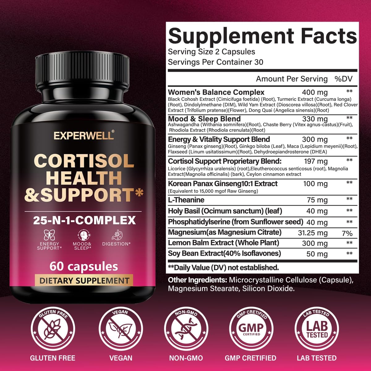 Cortisol Health & Support – 25-in-1 Multi-Ingredient Complex with Ashwagandha, L-Theanine, Rhodiola & Magnesium – Daily Balance, Mood & Energy Support – 60 Capsules