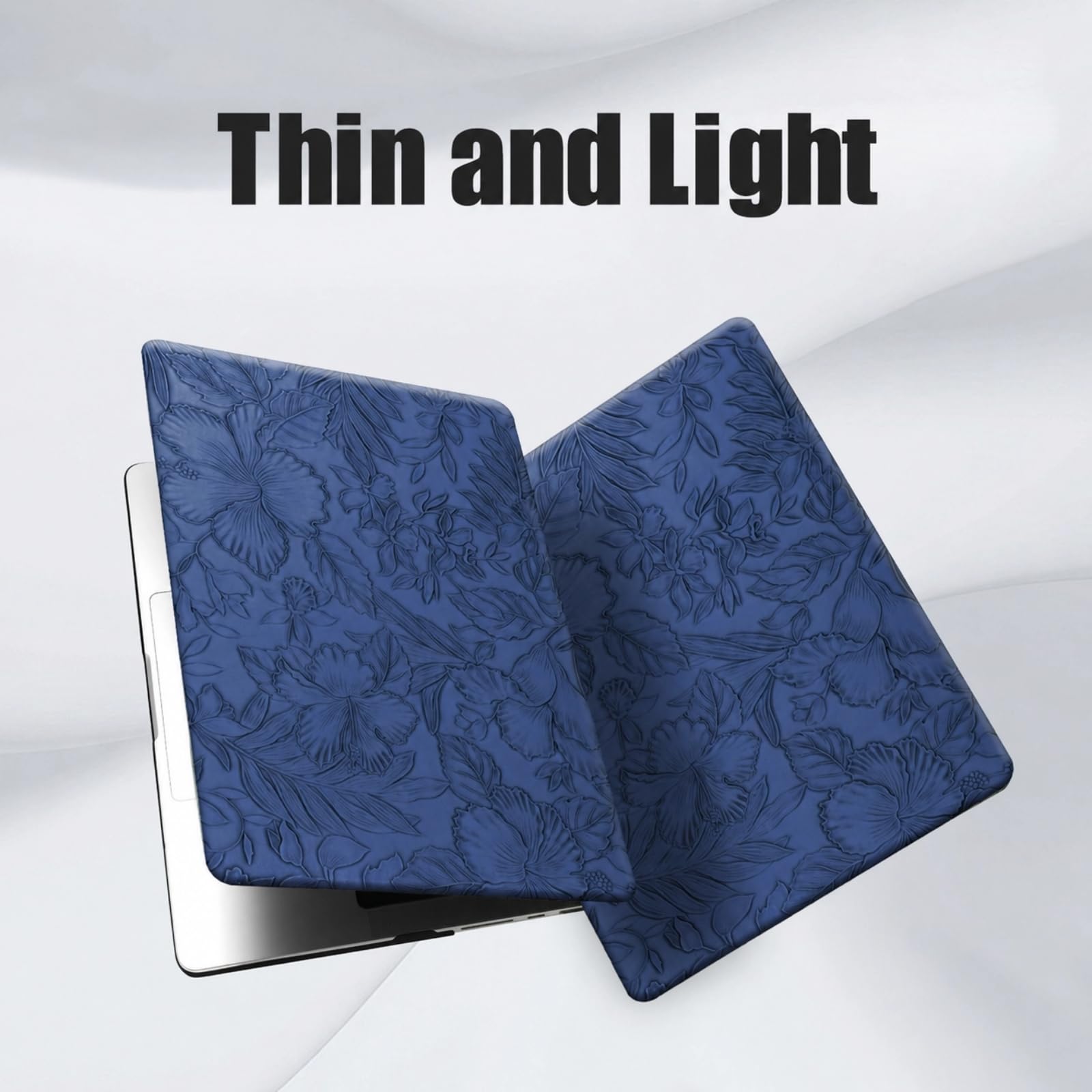 Étui découpé avec logo floral pour MacBook Neo 33 cm 2026 A3404 A18 Pro Chip | Coque rigide élégante texturée en cuir synthétique pour MacBook Neo 2026 avec housse de clavier, bleu