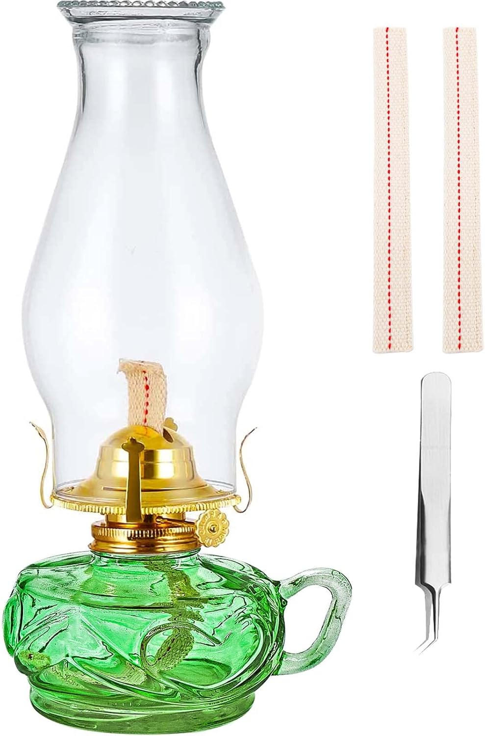 Rustic Oil Lamp for Indoor Use,Large Kerosene Lamp with Handle,2 Pcs Wicks and 1 Tweezers,Vintage Glass Hurricane Lamp for Home Emergency Lighting (Blue)