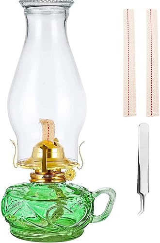 Lámpara de aceite rústica para uso en interiores, lámpara grande de queroseno con asa, 2 mechas y 1 pinzas, lámpara de huracán de vidrio vintage